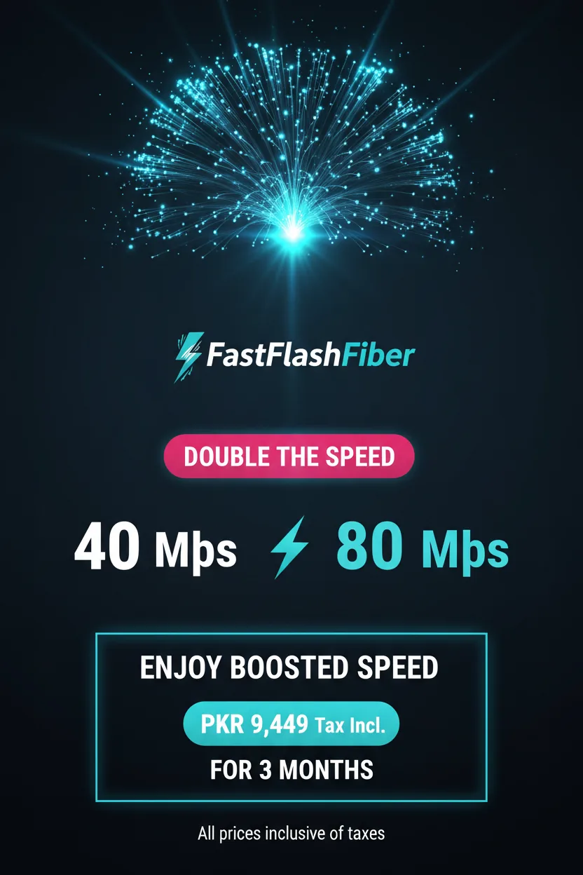 FastFlashFiber Double the Speed — 80 Mbps Boosted for 3 Months at PKR 9,449 Tax Inclusive
