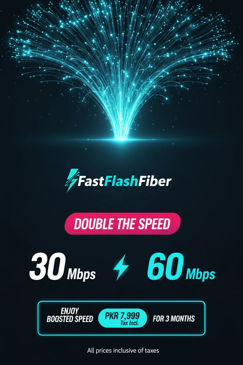 FastFlashFiber Double the Speed — 60 Mbps at PKR 7,999 Tax Inclusive